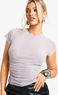 Mesh Top Met Capmouwen En Geraffelde Zijkant, Light Grey - 38