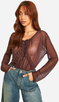 Mesh Top Met Frill Aan De Voorkant En Lange Mouwen, Chocolate - 38