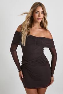 Mesh Twist Front Bardot Mini Jurk, Chocolate - 42