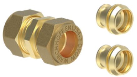 Messing aansluitstuk, blank, 10 mm / incl. 2x verloopstuk 8 mm, klemfitting voor koperen buis - 989454117