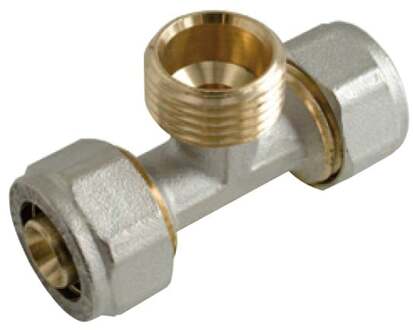 Messing adapter T-stuk, vernikkeld, 26 mm x 3/4"ET x 26 mm, klemkoppeling voor meerlagenbuis - 988913355