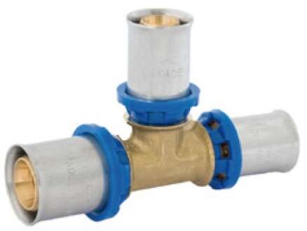 Messing verloopstuk T-stuk, blank, 20 mm x 16 mm x 16 mm, persfitting voor meerlagenbuis - 988719155