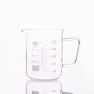 Met handvat beaker in lage vorm, Capaciteit 500 ml, buitendiameter = 89mm, Hoogte = 120mm, Laboratorium beker met handvat