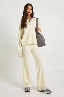 Met Kraag En Knoopsluiting Oversized Gebreide Trui En Broek Met Rechte Pijpen Co-Ord, Cream - S