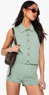 Met Kraag Gebreide Gilet En Gebreide Korte Set, Washed Khaki - M