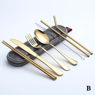 Met Zak 7Pcs Serviesje Reizen Bestek Set Herbruikbare Met Zilverwerk Straw Keuken Accessoire Vork Lepel Eetstokjes Meta X7Z8 groen