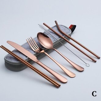Met Zak 7Pcs Serviesje Reizen Bestek Set Herbruikbare Met Zilverwerk Straw Keuken Accessoire Vork Lepel Eetstokjes Meta X7Z8 rood
