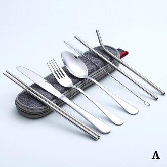 Met Zak 7Pcs Serviesje Reizen Bestek Set Herbruikbare Met Zilverwerk Straw Keuken Accessoire Vork Lepel Eetstokjes Meta X7Z8 zwart