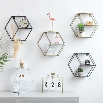 Metal Hexagonal Wall-Mounted Hanging Decor Shelf Flowers Books Crafts Storage Rack Home Living Room Bedroom Shelves Decoration