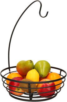 Metalen fruitmand/fruitschaal met bananenhouder zwart rond 28 x 40 cm - Fruitschalen