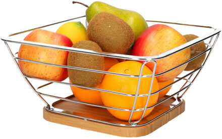 Metalen fruitschaal/fruitmand zilver vierkant 24 x 24 x 12 cm - Fruitschalen Zilverkleurig