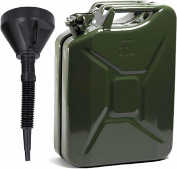 Metalen jerrycan legergroen voor brandstof 20 liter met een grote trechter