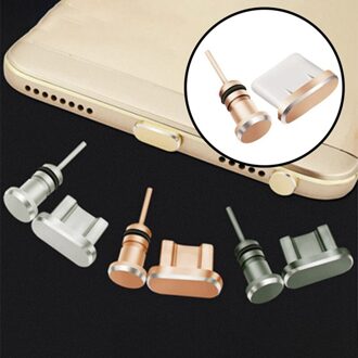 Metalen Micro Usb-poort Opladen + Oortelefoon Poort Stof Plug Android Mobiele Telefoon 3.5Mm Headset Stopper Halen Kaart Pin Zilver