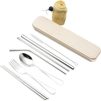 Metalen Stro Bestek Pak Roestvrij Staal Draagbare Recyclebaar Lepel Eetstokjes Stro 7 Stuks Set Voor Restaurant Hotel Familie