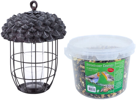 Metalen vogel voedersilo eikel aan hanger 29 cm met 4-seizoenen vogel strooivoer 2,5 kg