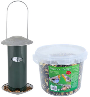 Metalen vogel voedersilo groen aan hanger 23 cm met vogel 4-seizoenen strooivoer 2,5 kg