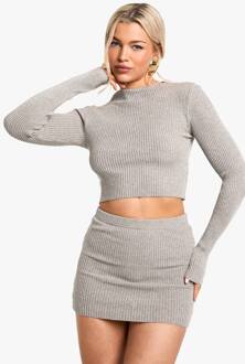 Metallic Mix Geribbelde Gebreide Top Met Hoge Hals, Mocha - L