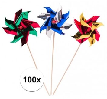 Metallic windmolen hapjes prikkers - 100x stuks - taart toppers - 19 cm Multi