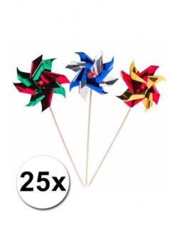 Metallic windmolen hapjes prikkers - 25x stuks - taart toppers - 19 cm Multi