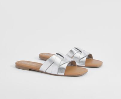 Metallic Woven Basic Mule Sandals, Silver - 39