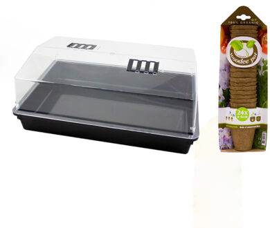 Meuwissen Grote kweekbak/kweekkast met deksel inclusief 48x houtvezel kweekpotjes 24 x 59 x 39 cm