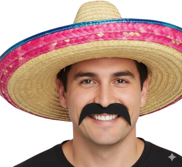 Mexicaan verkleed set - Mexicaanse sombrero hoed met plaksnor - gekleurd - heren - carnaval