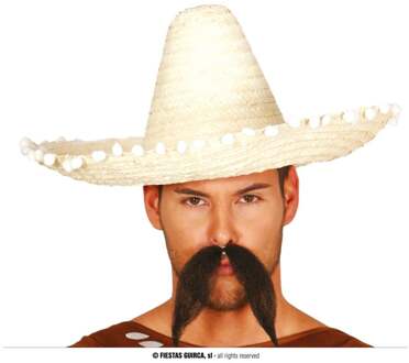 Mexicaanse Strohoed Naturel Met Bolletjes (45cm) Geel - Beige - Creme