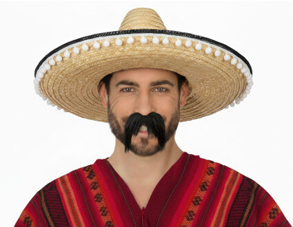 Mexicaanse verkleed set - Mexicaanse sombrero hoed - naturel - met plaksnor - heren - carnaval