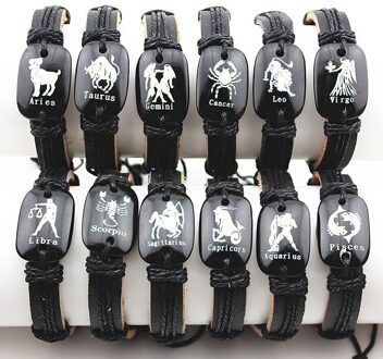Mibrow 12 stks/partij Lederen Armband Mannen Sterrenbeelden Armband Vrouwen 12 Horoscoop Borden Armbanden Mannelijke Armbanden & Bangles