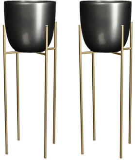 Mica Decorations 2x Bloempot D25 cm antraciet met plantenpot verhoger goud/metaal van 55 cm