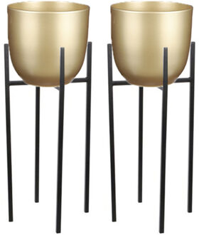 Mica Decorations 2x Bloempot D25 cm goud met plantenpot verhoger zwart/metaal van 25 cm