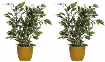 Mica Decorations 2x Ficus kunstplant - groen - 40 cm - met plantenpot - geel - D13.5 en H12.5 cm