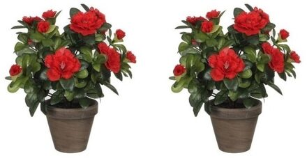 Mica Decorations 2x Groene Azalea kunstplanten met rode bloemen 27 cm met pot stan grey - Kunstplanten