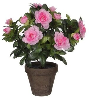 Mica Decorations 2x Groene Azalea kunstplanten met roze bloemen 27 cm met pot stan grey - Kunstplanten