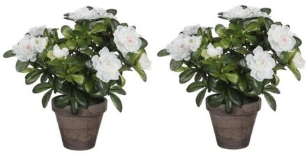 Mica Decorations 2x groene Azalea kunstplanten met witte bloemen 27 cm met pot stan grey - Kunstplanten