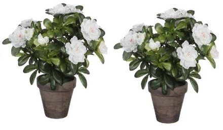 Mica Decorations 2x Groene Azalea kunstplanten met witte bloemen 27 cm met pot stan grey - Kunstplanten