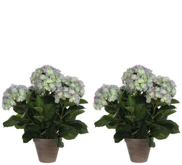 Mica Decorations 2x Groene/paarse Hortensia Kunstplanten 45 Cm In Pot - Kunstplanten