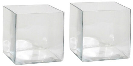 Mica Decorations 2x Lage glazen vaas transparant vierkant glas 20 x 20 x 20 cm - Vazen