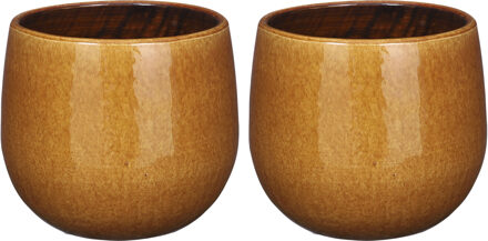 Mica Decorations 2x mica decorations plantenpot/bloempot - keramiek - okergeel glans/spotted- d16/h14 cm