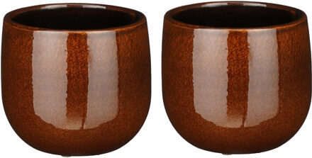 Mica Decorations 2x mica decorations plantenpot/bloempot - keramiek - terra bruin glans/spotted- d14/h12 cm