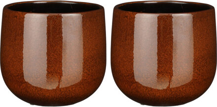 Mica Decorations 2x mica decorations plantenpot/bloempot - keramiek - terra bruin glans/spotted- d18/h16 cm