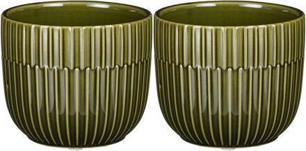 Mica Decorations 2x - Plantenpot/bloempot - keramiek - groen - stripes patroon - D11 x H9 cm