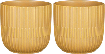 Mica Decorations 2x - Plantenpot/bloempot - keramiek - mat okergeel - stripes patroon - D14 x H13
