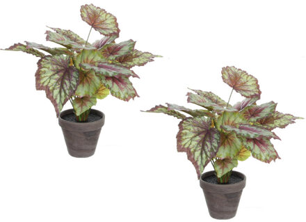 Mica Decorations 2x stuks begonia kunstplanten rood in grijze sierpot H40 cm x D38 cm