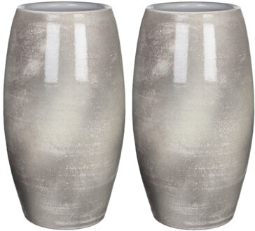 Mica Decorations 2x stuks bloemenvaas shiny lightgrey stone keramiek voor boeketten/takken/bloemen H50 x D30 cm