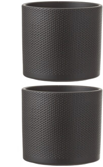 Mica Decorations 2x stuks bloempot in het relief donkergrijs keramiek voor kamerplant H17.5 x D19.5 cm - Plantenpotten