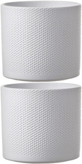 Mica Decorations 2x stuks bloempot in het relief wit keramiek voor kamerplant H17.5 x D19.5 cm - Plantenpotten