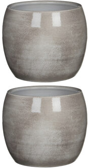 Mica Decorations 2x stuks bloempot in het shiny lightgrey stone keramiek voor kamerplant H18 x D20 cm