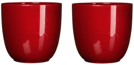 Mica Decorations 2x stuks bloempotten glans donkerrood keramiek voor kamerplant H9 x D10 cm - Plantenpotten