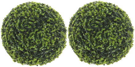 Mica Decorations 2x stuks buxus bollen Theeblad groen D27 cm kunstplant - Kunstplanten